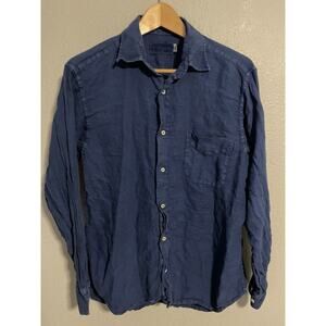 Les Copains Mens Button Up Top Small Navy Linen Lightweight Lagenlook READ